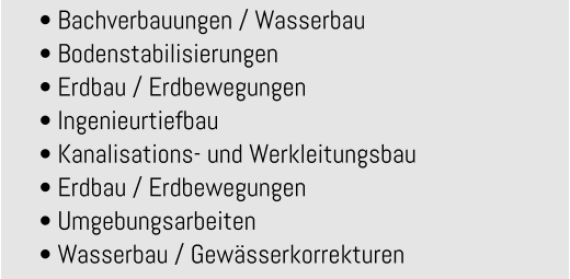 • Bachverbauungen / Wasserbau • Bodenstabilisierungen • Erdbau / Erdbewegungen • Ingenieurtiefbau • Kanalisations- und Werkleitungsbau • Erdbau / Erdbewegungen • Umgebungsarbeiten • Wasserbau / Gewässerkorrekturen